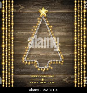 Christmas Tree Made of Christmas lights. Glowing Christmas lights on wooden background. Realistic luminous garland. Includes vector brushes festive st Stock Vector