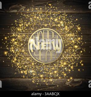 Christmas background with Shining gold letters in golden round frame on dark wooden background. Merry Christmas and New Year card vector Illustration. Stock Vector