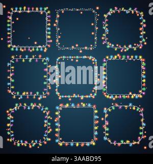 Set of 9 color square garland lights. Glowing christmas lights on dark blue background. Vector seamless square objects. Includes 10 vector brushes fes Stock Vector