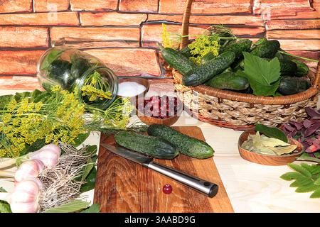 The process of cooking pickles in Russia at home. Cucumbers, dill, garlic, mountain ash on the home table, preservation of vegetables for the winter. Stock Photo