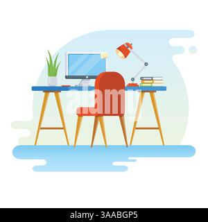 Concept of workplace with computer and office equipment. Workplace with laptop, lamp, coffee and plant. Flat modern vector illustration Stock Vector