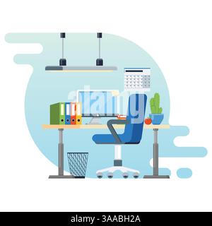 Concept of workplace with computer and office equipment. Workplace with computer, lamp, calendar and cactus. Flat modern vector illustration Stock Vector