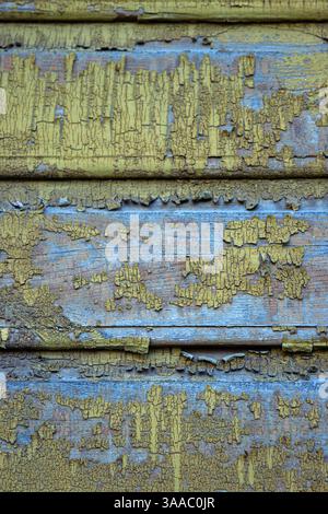 Rustic wood surface with chipped yellow paint and distressed blue layer beneath. Ideal for use in creative backgrounds or industrial design elements, Stock Photo