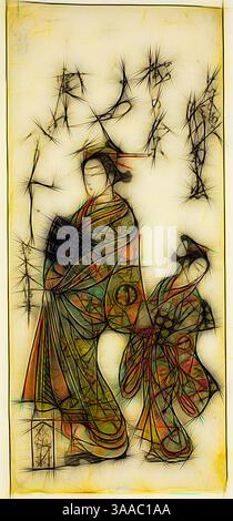 A striking representation of two elegantly dressed figures, adorned in traditional attire, engaged in a serene moment. Intricate patterns and vibrant colors create an enchanting atmosphere, enhanced by stylized botanical elements in the background., Classic art with a modern twist reimagined by Artotop, Based on The Actor Segawa Kikunojo II as the courtesan Umegae in the play Hiragana Seisuiki, performed at the Ichimura Theater in the first month, 1764, 1764, Suzuki Harunobu �ľ ����, Japanese, 1725 (?)-1770, Japan, Color woodblock print, hosoban, benizuri-e, 30.9 x 13.9 cm (12 1/8 x 5 3/8 in.) Stock Photo