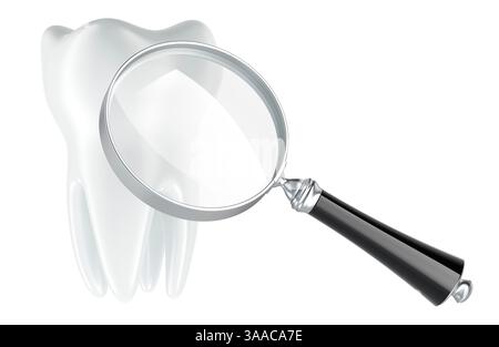 Tooth with magnifying glass. Research and diagnosis concept, 3D ...