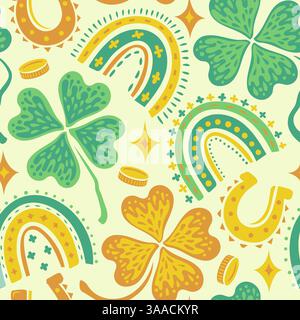 Vector funny seamless pattern for Patrick's day with lucky clover, money, horseshoe and rainbow. Stock Vector
