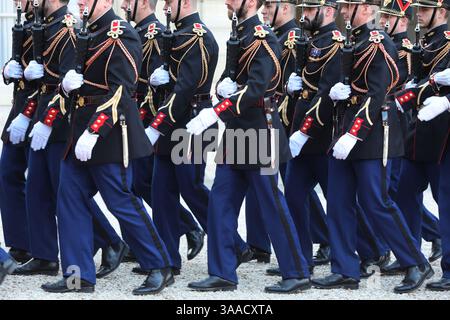 Paris, France. 31st Mar, 2025. French rpublicain guards get into position before the arrival of King Frederik X and Queen Mary of Denmark at the Elysee Palace in Paris, France, on Monday, March 31, 2025. The Danish royals are in the French capital on a three-day state visit. Photo by Maya Vidon-White/UPI Credit: UPI/Alamy Live News Stock Photo