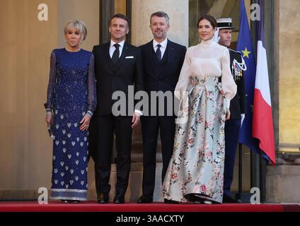 Paris, France. 31st Mar, 2025. French President Emmanuel Macron and his wife, Brigitte (L), greet King Frederik X and Queen Mary of Denmark (R) at the Elysee Palace in Paris, France, on Monday, March 31, 2025. The Danish royals are in the French capital on a three-day state visit. Photo by Maya Vidon-White/UPI Credit: UPI/Alamy Live News Stock Photo
