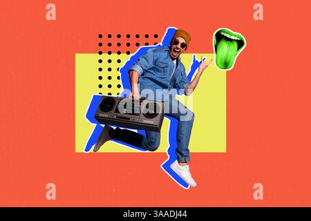 Trend artwork composite 3D photo collage design of young guy excited rock gesture hold boombox entertainment party clubber carefree night. Stock Photo