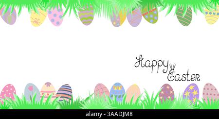 Easter holiday festive rectangular frame for springtime poster, banner, invitation, horizontal ornament for spring celebration decor, template with Happy Easter lettering, Egg Hunt announcement Stock Vector