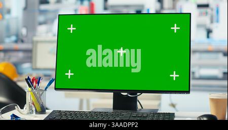 Isolated screen PC display used to adjust photovoltaics factory system parameters. Mockup computer monitor used for optimizing energy supply in solar panel manufacturing plant, close up Stock Photo