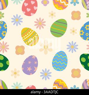Seamless easter pattern with flowers and eggs Stock Vector