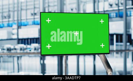 Industrial plant isolated screen display visualizing robotic arms performance and metrics from IoT sensors. Chroma key monitor displaying analytics for Industry 4.0 smart factory equipment, close up Stock Photo