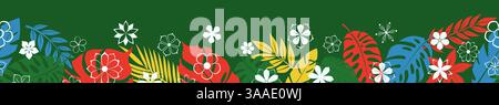 Horizontal seamless banner combines of stylized colored palm leaves and white flowers, arranged against a green backdrop. Stock Vector