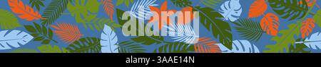 Horizontal seamless banner with a lively arrangement of stylized tropical palm leaves in bold colors, set against a blue backdrop. Stock Vector