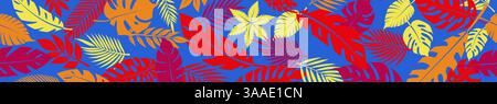 Horizontal seamless banner with a lively arrangement of stylized tropical palm leaves in bold colors, set against a soft blue backdrop. Stock Vector