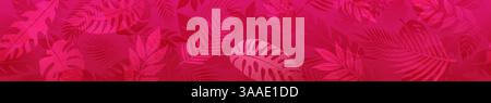Horizontal seamless banner showcases a minimalist design with various tropical palm leaves in red tones. Stock Vector