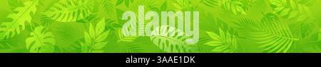 Horizontal seamless banner showcases a minimalist design with various tropical palm leaves in green tones. Stock Vector