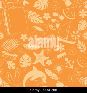 Seamless pattern with tropical elements such as palm leaves, flowers, flying airplane, playful dolphin, bright sun, and other oceanic symbols, in oran Stock Vector