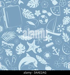 Seamless pattern with tropical elements such as palm leaves, flowers, flying airplane, playful dolphin, bright sun, and other oceanic symbols, in soft Stock Vector