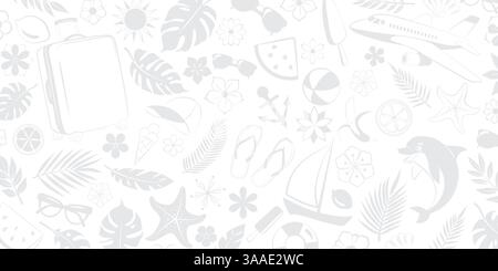 Illustration combines many elements such as lush palm leaves, tropical flowers, airplane, dolphin, sun, suitcase, and other travel symbols, all in har Stock Vector