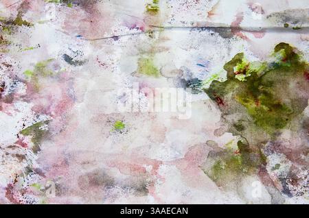 Abstract artwork featuring soft, muted tones of green, purple, and white. Irregular patches create a textured, organic appearance with fluid depth. Stock Photo