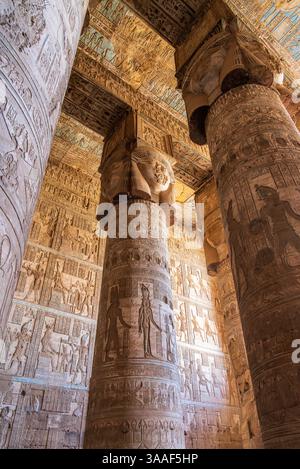 Carvings on the interior columns and roof of the temple of Hathor at ...