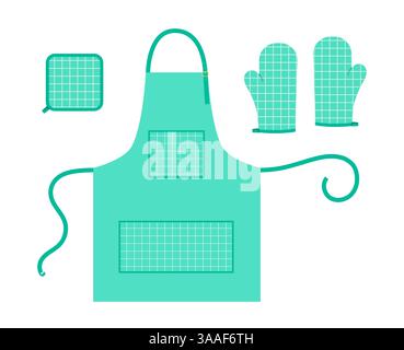 Set of Aprons, Oven Gloves and potholder Fashion mint cartoon windowpane tartan check pattern hand accessory clothing technical illustration garment. Vector for Men, women, unisex style flat template Stock Vector