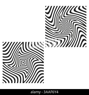 Optical swirl illusion. Square vortex pattern. Twisted stripe vector. Psychedelic abstract background. Stock Vector