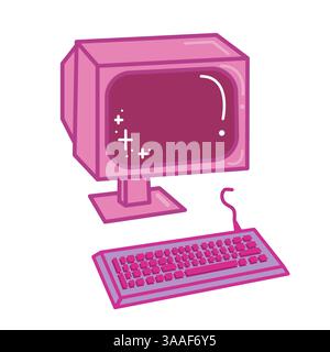 Pink retro monitor and keyboard. Computer icon. Vector illustration isolated on white background. Stock Vector