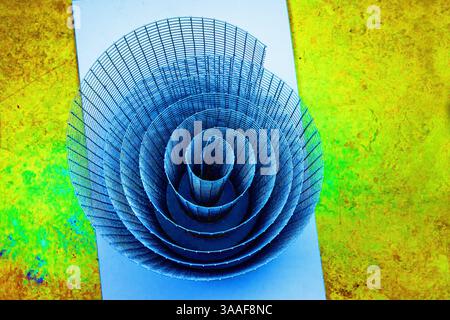 Abstract spiral structure with blue, green and yellow tones, dynamic composition, vibrant textures, modern design, colorful geometric futuristic patte Stock Photo