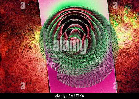 Abstract spiral structure with green, red and pink tones, dynamic composition, vibrant textures, modern design, colorful geometric futuristic pattern, Stock Photo