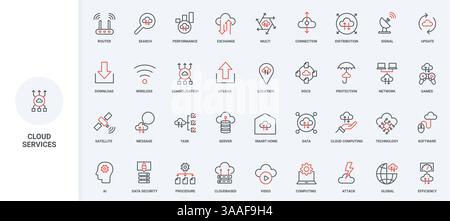 Cloud service and decentralized application, software setup and network connection line icon set. Data distribution and protection, download arrow thin black and red outline symbol vector illustration Stock Vector