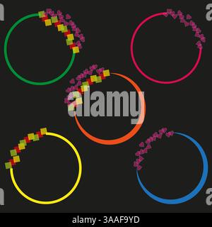 Colorful circles design. Abstract hearts and squares. Geometric composition vector. Black background contrast. Stock Vector