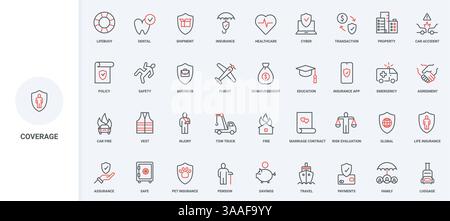 Insurance coverage, policy documents, life and health risk protection, contract line icon set. Injury in accident, damage of house and car thin black and red outline symbols vector illustration Stock Vector