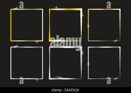 Golden square outlines. Shiny silver borders. Stylish metal frames. Vector glossy edges. Stock Vector
