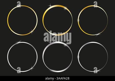 Golden circle designs. Shiny silver rings. Elegant metallic shapes. Vector glowing borders Stock Vector