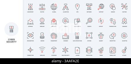 Cybersecurity, network protection, lock and shield for information privacy line icon set. Multi factor authentication, recognition to access thin black and red outline symbols vector illustration Stock Vector