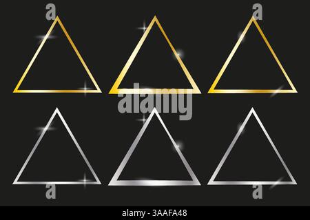 Golden triangle shapes. Silver triangle frames. Sparkling black background. Vector elegance outline. Stock Vector