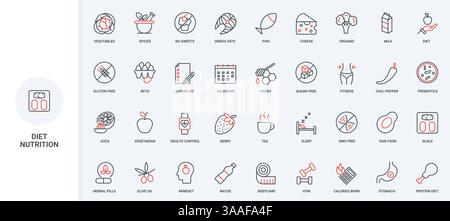 Diet and healthy nutrition, health control, calendar for planning line icon set. Fitness, organic raw vegetables and probiotics, fish and milk thin black and red outline symbols vector illustration Stock Vector