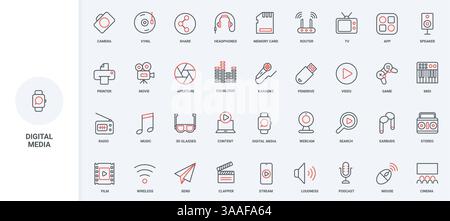 Digital gadgets and entertainment devices, music line icon set. Search for video content, podcast and stream in mobile app, 3D glasses, speakers thin black and red outline symbols vector illustration Stock Vector