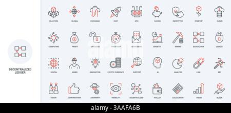 Decentralized application and service, blockchain line icon set. Encrypted data, mining process and algorithm management, cryptocurrency thin black and red outline symbols vector illustration Stock Vector