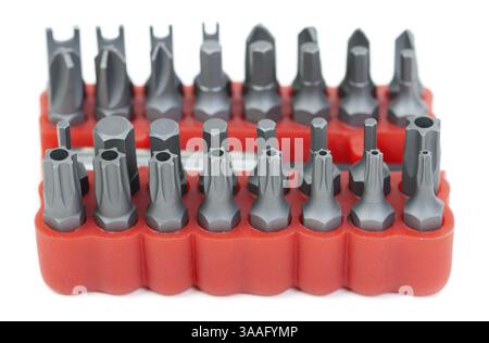 Set of heads for screwdriver in red box isolated on white background Stock Photo