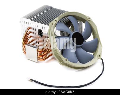 CPU Cooler isolated on white. This is what keeps your computer insides cool Stock Photo