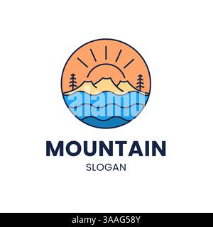 Modern Mountain Logo Design features a stylized sunset, waves and pine trees in a circular badge. This vector illustration is perfect for outdoor, nat Stock Vector