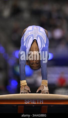 Jenitha Johnson GBR Vault Action Gymnastics, EnBW DTB-Pokal, Porsche-Arena, Stuttgart, Baden-Wuerttemberg, Germany, Europe Stock Photo