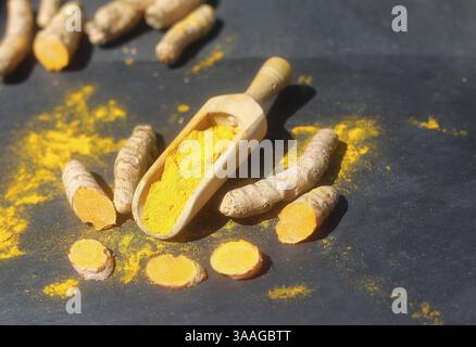Turmeric powder (curcuma) in a wooden spoon and roots Stock Photo