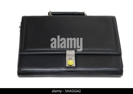 Black stylish leather briefcase with code lock and yellow smile Stock Photo