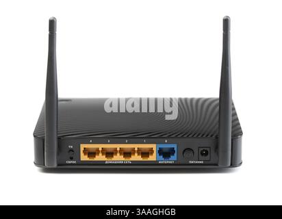 Wireless router for internet connections. The view from the rear side. Isolate on white Stock Photo