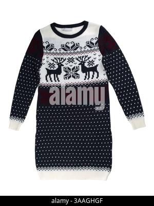 Knitted sweater dress with a pattern of deer. Isolate on white Stock Photo